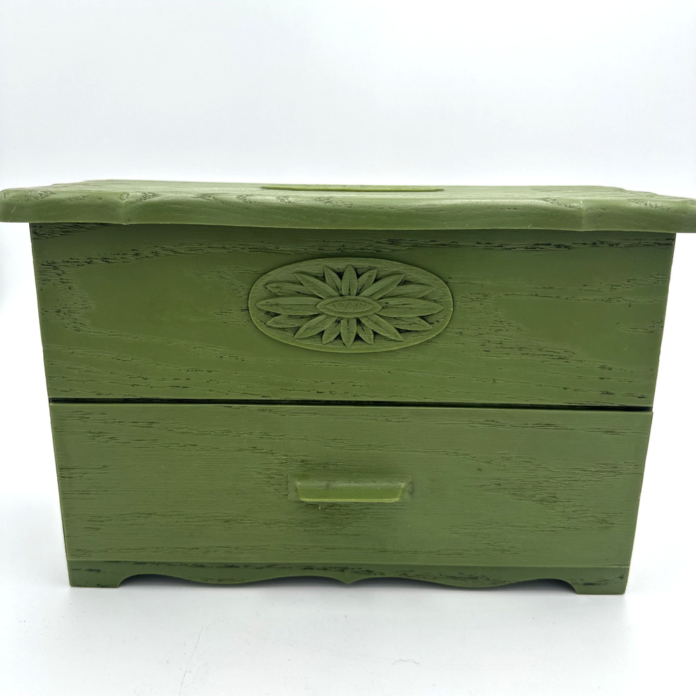 Vtg Lerner Melwood Faux Wood Recipe Chest Card Box Organizer Olive Green Floral